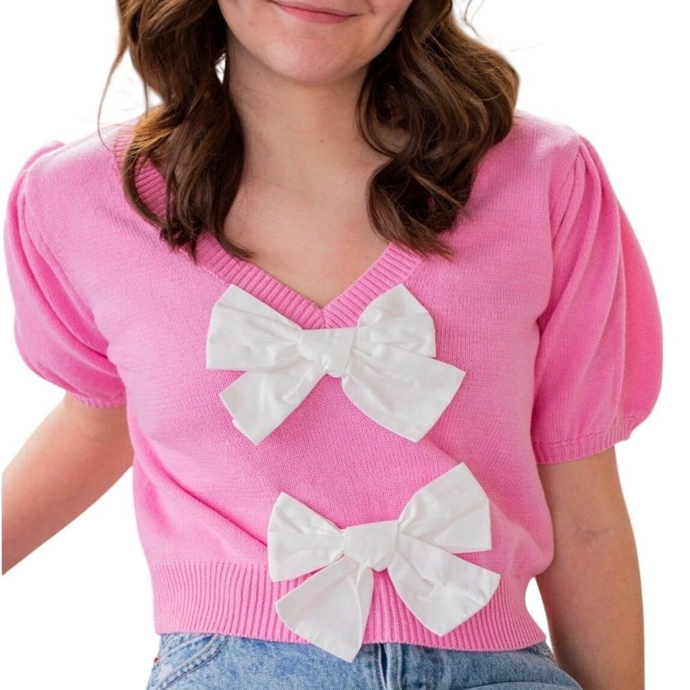 Lalavon Pink‎ Bow V-Neck Puff Sleeve Knit Sweater Top Womens Large ILT3706